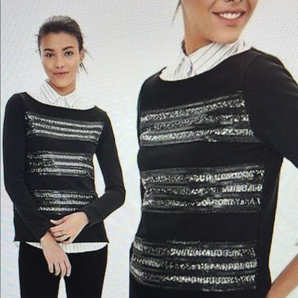 New! Banana Republic Shirt Black Sequin Striped Long Sleeve Women's Size Medium